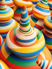 Colorful Spinning Tops Arranged in Vibrant Patterns During a Playful Artisan Market