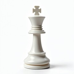 Isolated white chess king piece for strategy concepts. Glossy surface, design item. Decision-making, leadership, tactic, logic, setup, planning, sequence. Transparent background for easy use.