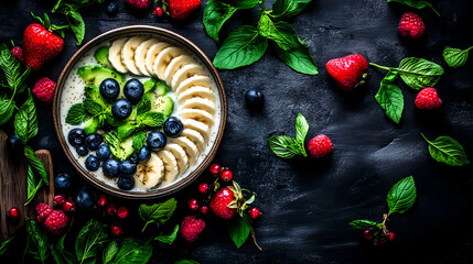 Healthy fruit bowl with bananas blueberries and mint kitchen food photography natural light aesthetic appeal