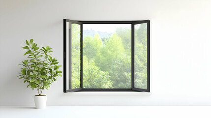Open Black Framed Window with Green Foliage View and Potted Plant on White Wall