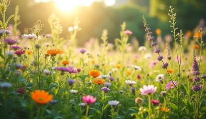 Obraz premium A field of flowers with a bright sun shining on them. The flowers are of various colors and sizes, creating a vibrant and lively scene. The sun's rays illuminate the field