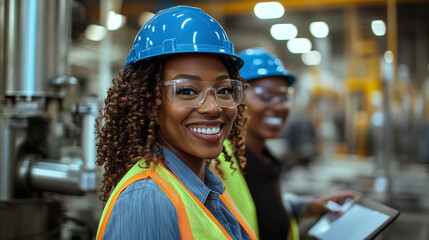 Obraz premium Smiling female quality control inspector wearing safety gear in an industrial factory setting