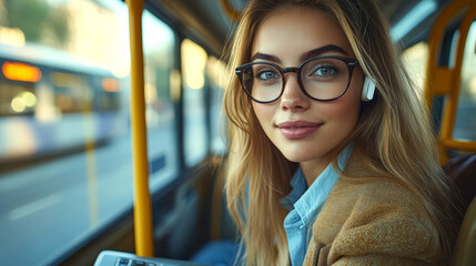 Young woman with glasses and earbuds commuting on public transportation while using her laptop