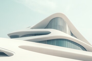 Modern architectural marvel with flowing white curves and glass facade against a pale sky