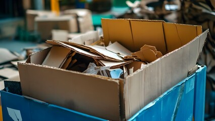 A partially filled cardboard box with crumpled paper and packing material, placed among other boxes in an outdoor setting. Concept Cardboard Box Scene, Packing Material, Outdoor Setting