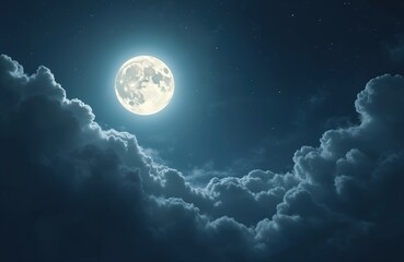 Bright full moon shines in dark night sky with thin wispy clouds, creating a serene mysterious celestial atmosphere. Perfect for astrology, science or fantasy background with moonlight aesthetic.