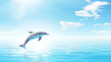 Obraz premium A clear shot of a beautiful dolphin jumping out of the water in a clear ocean against a blue sky