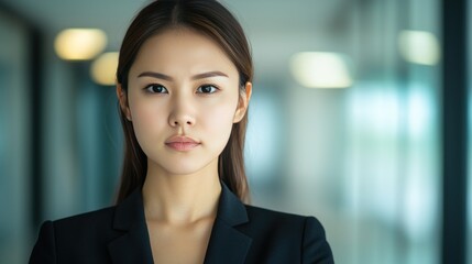 Naklejka premium A professional woman with a serious expression stands confidently in a modern office environment, exuding strength and determination.