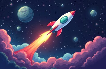 Illustration of rocket ship flying among planets and stars in sky through clouds. Cosmic cartoon journey in galaxy. Space travel concept. Adventure begins. Rockets launch into space.