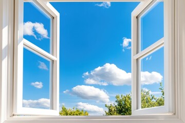 Embracing New Horizons - Open Window in Empty Field Signifying Fresh Perspectives and Opportunities with Blue Sky Background