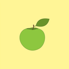 Green apple fruit with leaf vector illustration on yellow background