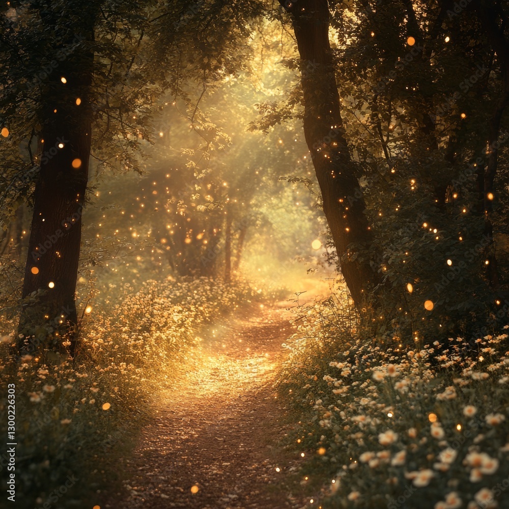 Poster a path in the forest with flowers and trees illuminated by golden light. a magical, dreamy atmospher