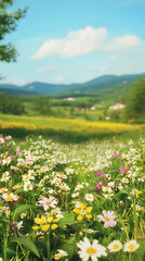 Vibrant Wildflower Meadow with Mountain Background