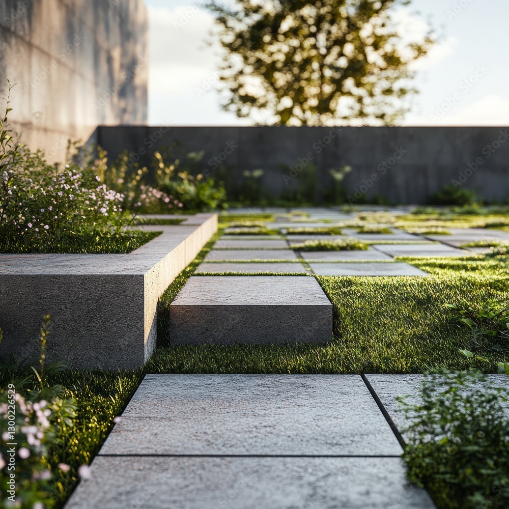 Poster a rooftop garden designed with grass paver blocks, integrating nature with modern construction. text