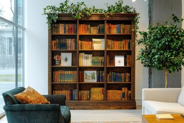 Elegant Bookshelf Backdrop With Lush Greenery, Cozy Reading Nook, Perfect For Online Presentations And Virtual Meetings Atmosphere