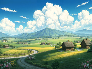 Fototapeta premium A vibrant countryside with lush green fields and a dirt path leading to distant hills. Generative AI