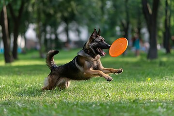 A happy Belgian Malinois dog leaps through a grassy park to catch an orange frisbee in mid-air, enjoying an active game outdoors