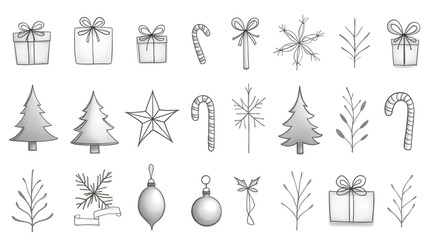 Festive Black and White Christmas Line Art Sketches Hand-Drawn Holiday Set of Gifts Trees Snowflakes Candy Canes Ornaments Branches