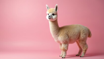 Fototapeta premium Adorable fluffy alpaca poses against vibrant pink backdrop. Cute farm animal portrait. Woolly mammal from South America. Domesticated, bred for fiber, used in textile production. Charming pet, symbol