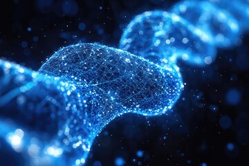 Glowing blue digital DNA strand twisting through a dark background filled with shimmering particles
