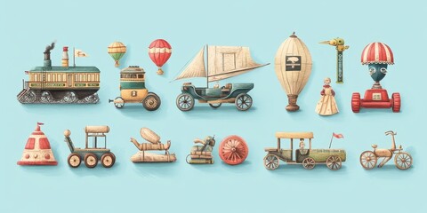 Illustrated collection of imaginative vintage vehicles on a blue background