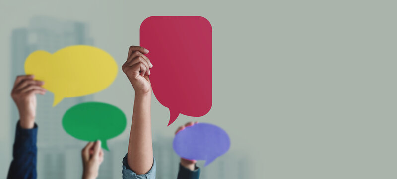 Peaceful, Human Rights and Freedom to Speak and Expression. Group of People Protesting or making Campaign by Raise up a Blank Speech Bubble Card