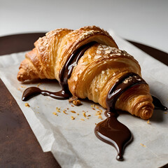 A flaky croissant with one end slightly torn to reveal rich, melted chocolate