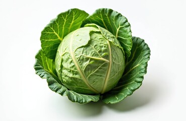 Fototapeta premium Fresh green cabbage head with crumpled leaves isolated on white background. Healthy diet raw food. Vegetable full of vitamins, fiber, ingredient for tasty salad, vegan nourishment.