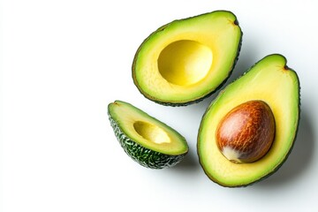 Highlighting the avocado's creamy consistency and vibrant green color, a halved avocado on a white background is perfect for food styling and nutritious recipes
