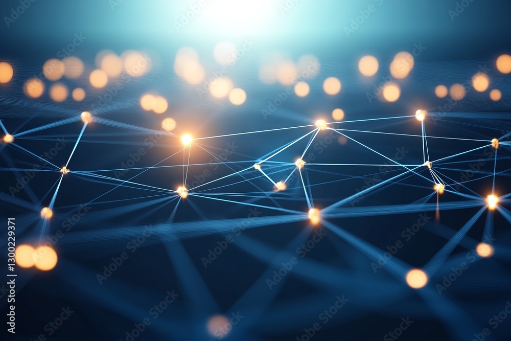 Poster a blue background with many lines and dots. network with blocks and connections on a dark background