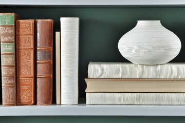 Elegant Bookshelf Background, Decorative Shelves, Modern Vases Creating Inspiration in Home Office Setting, Inviting Mood
