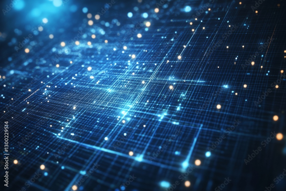 Poster a blue background with a lot of small dots. network with blocks and connections on a dark background