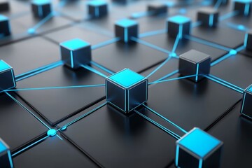 A close up of a black and blue cube with a blue line running through it.  network with blocks and connections on a dark background, a technology concept