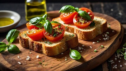 A crispy slice of toasted bread topped with freshly diced tomatoes, basil, garlic, and a drizzle of extra virgin olive oil, served on a rustic wooden board.