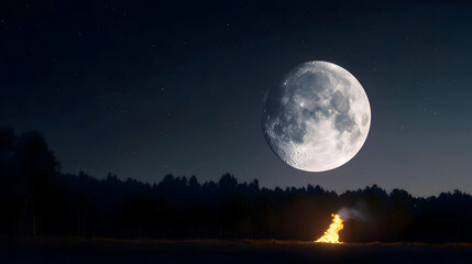 Pixelated Full Moon over Burning Campfire in Dark Forest at Night with Starry Sky