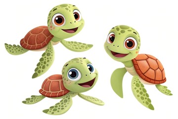 Obraz premium Cute 3D Happy Sea Turtle Trio – Playful and Lively Marine Characters