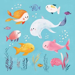 Fototapeta premium Colorful cartoon fishes swimming together in a light blue ocean setting