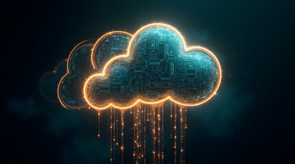 Abstract Futuristic Digital Cloud Computing Network with Glowing Orange Outlines and Digital Data Rain on Dark Cyber Technology Illustration