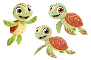 Naklejka premium Cute 3D Happy Sea Turtle Trio – Playful and Lively Marine Characters