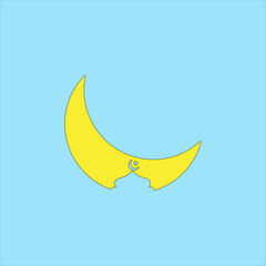 Crescent moon with mosque icon vector illustration on blue background. Eid Mubarak symbol