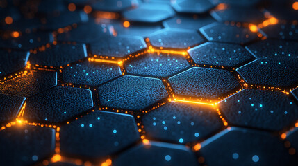 Blue and Gold Hex Grid: An Intricate Pattern of Honeycomb Shapes with a Rustic Aesthetic.