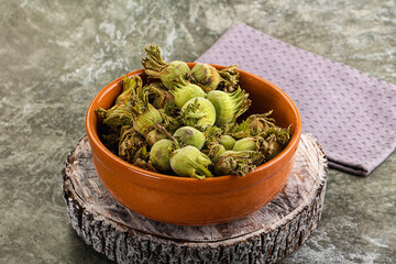 Fresh green ripe hazelnut heap
