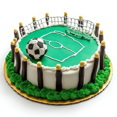 Colorful soccer cake with edible decorations.