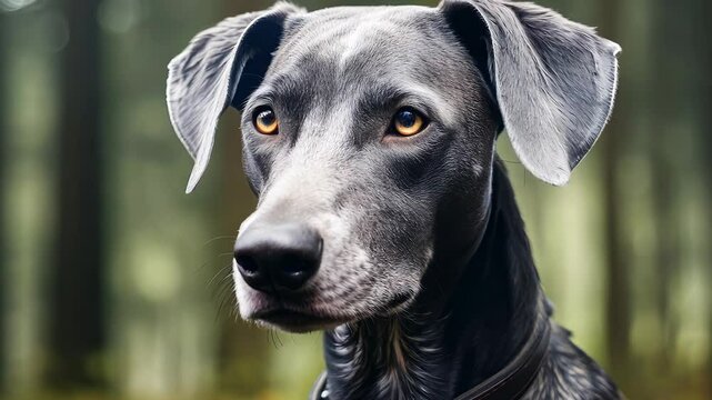 beautiful gray Weimaraner in autumn countryside forest. Hunting dog on hunt. Gray dog. Hunting dog breed. outdoor portrait. animals, hunting, dogs, active lifestyle concept.
