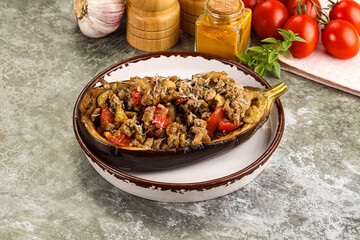 Baked eggplant stuffed meat and tomato