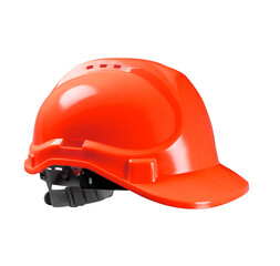 Fototapeta premium Orange hard hat for construction workers. Protective clothing and accessories for employees Helmet on white background isolated