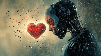 Obraz premium A cyborg contemplates a glowing heart surrounded by particles of matter