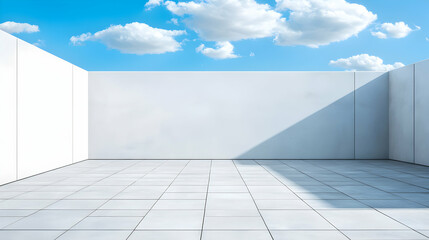 White Wall and Concrete Floor Against a Blue Sky with Clouds