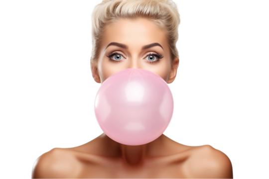 Girl Blowing Bubble Gum – Playful Expression Isolated on Transparent Background