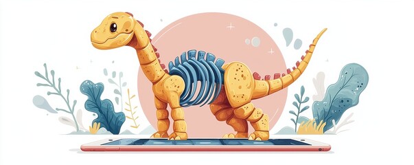 Fototapeta premium Creative illustration of a dinosaur skeleton on a digital platform with nature